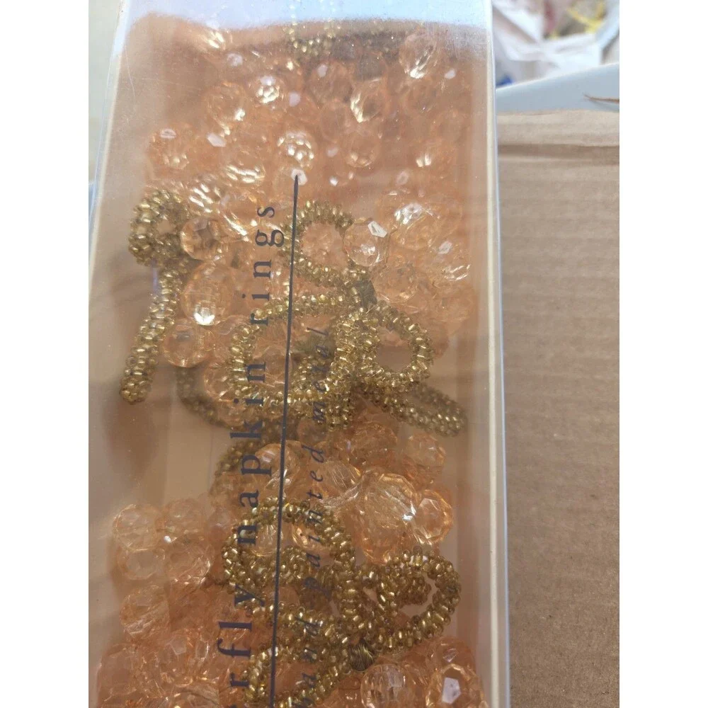 Pier 1 Imports Beaded Glass Napkin Rings Gold Amber Bow Cluster Set 10